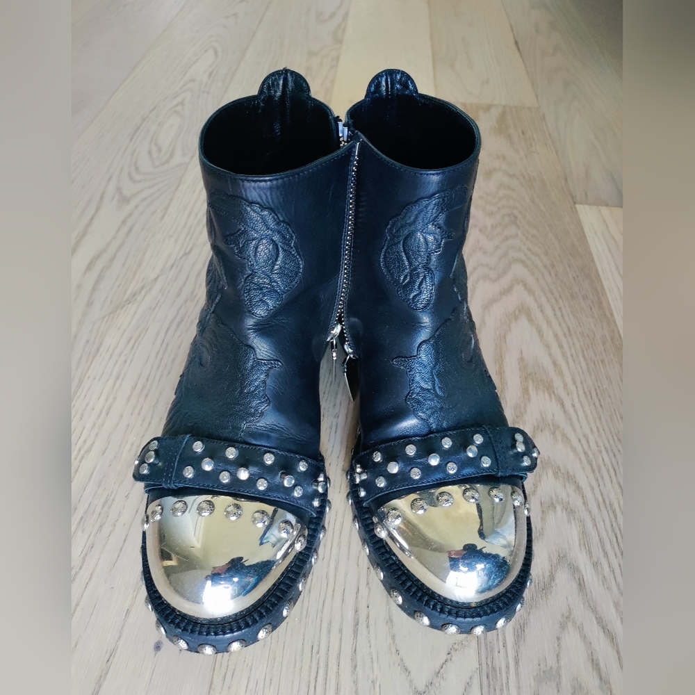 Alexander McQueen - Black Leather Boots with Silver Studded Toecap